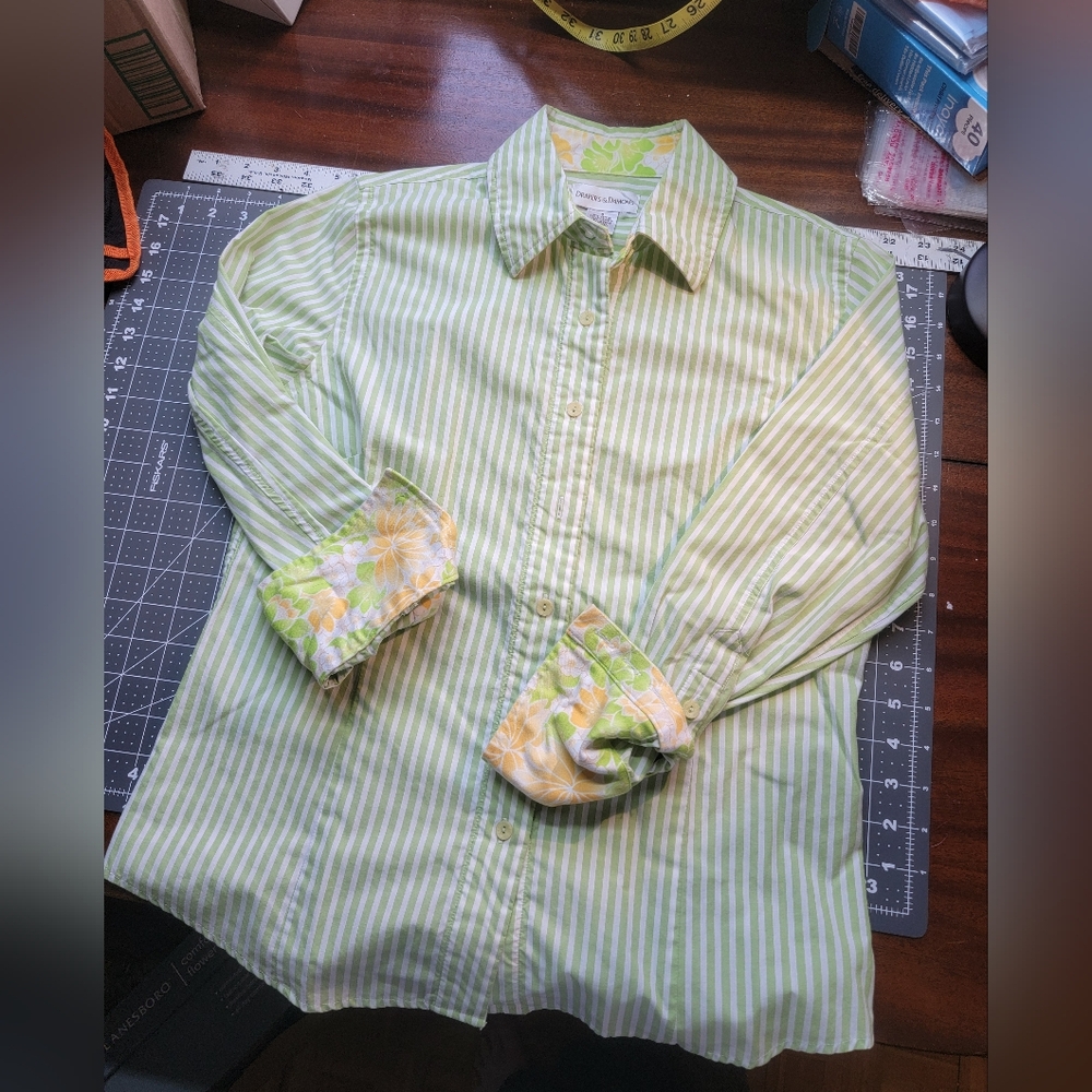 Green Striped Button-Up Shirt with Floral Trim